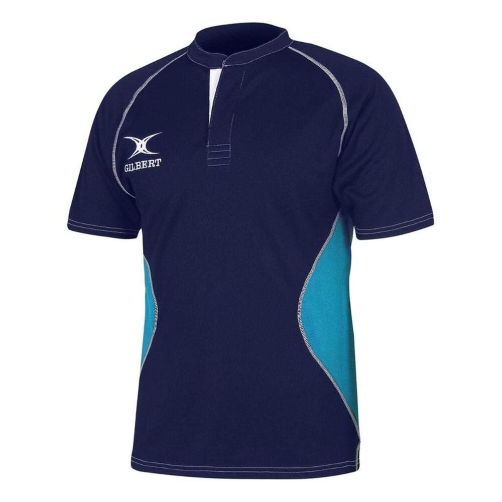 Gilbert Mens Contrast Panel Regular  Rugby Shirt / Navy/Light Sky